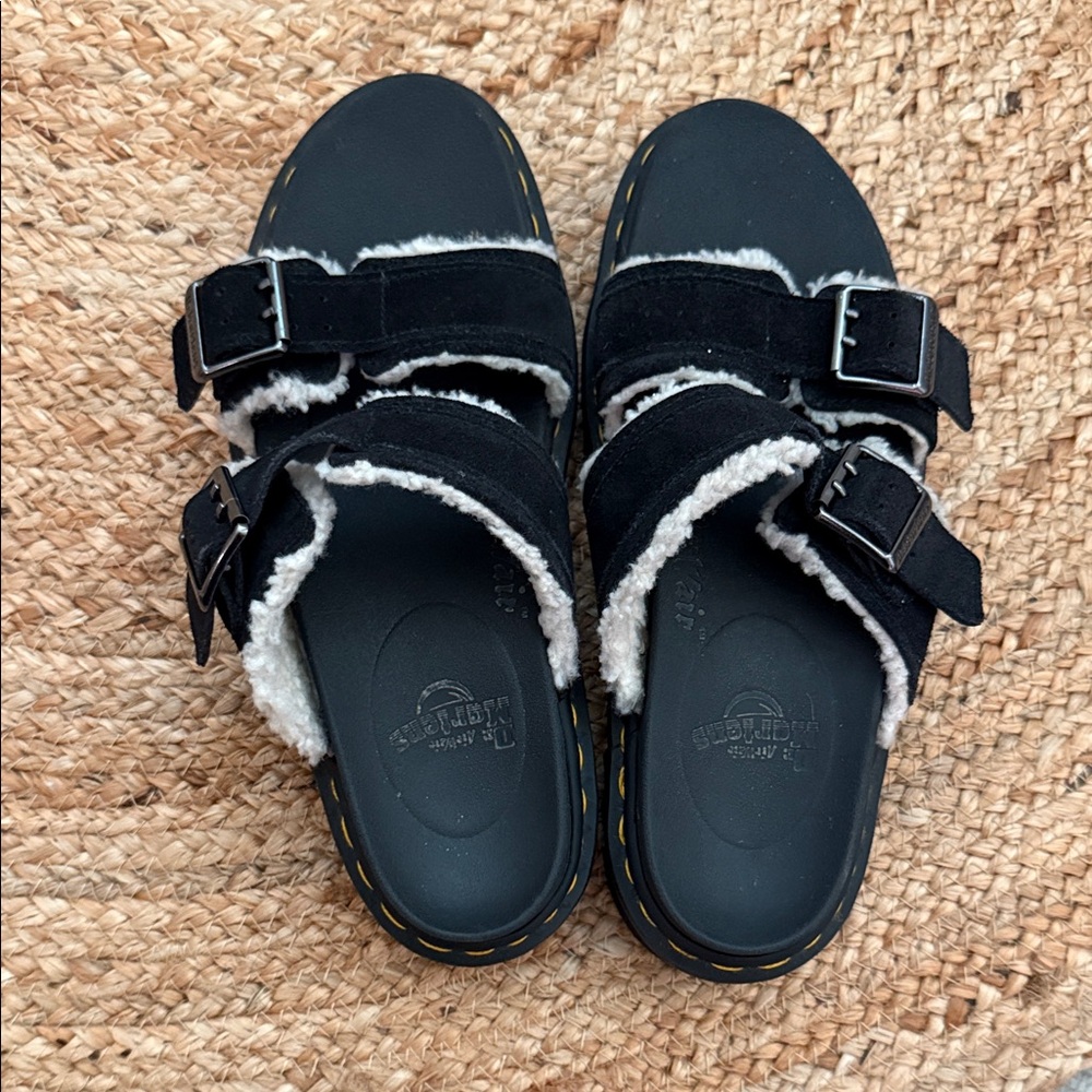 Black Shearling Buckle Sandals